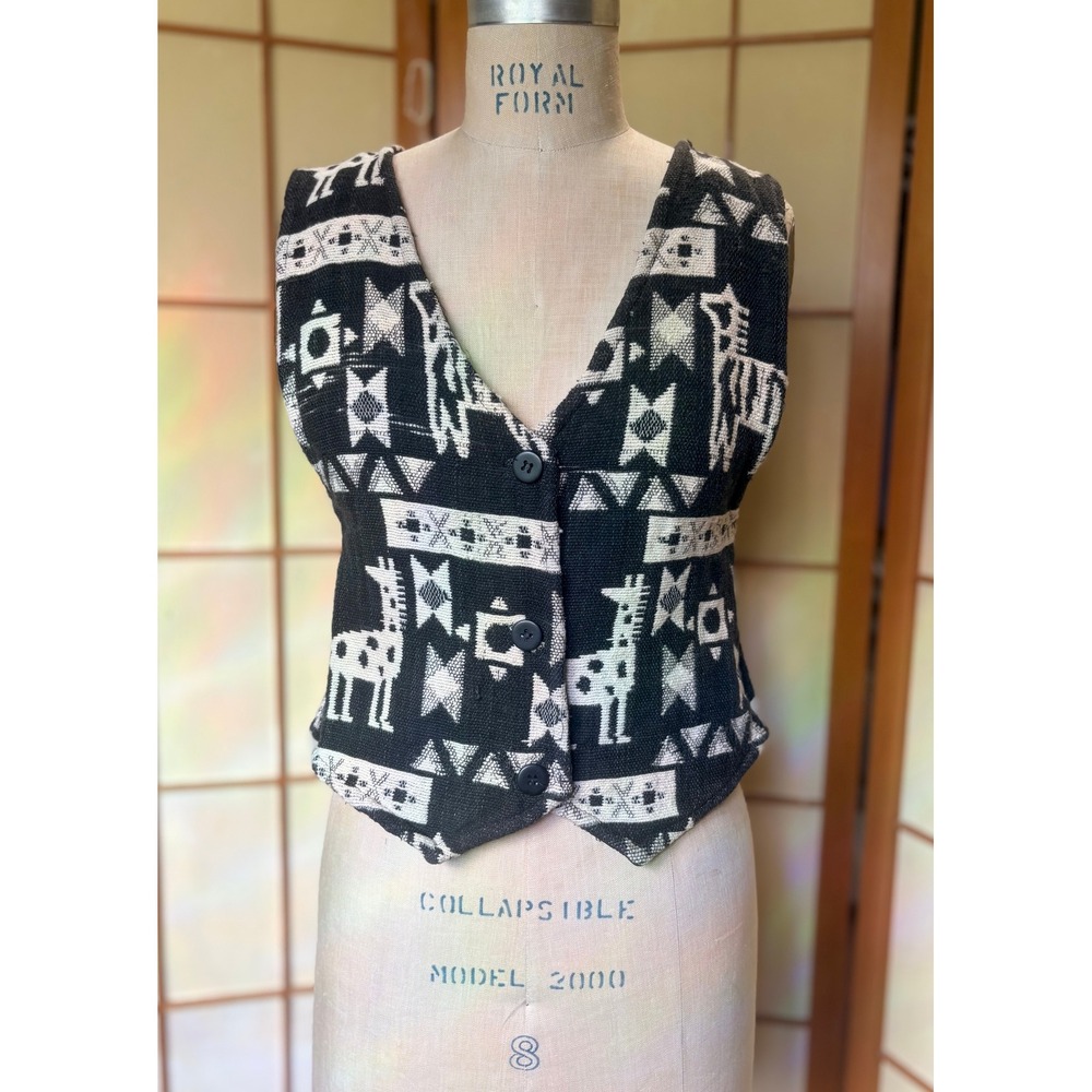 Tangibles Vintage Cotton Woven Tapestry Vest Black White Giraffe Zebra Tribal M